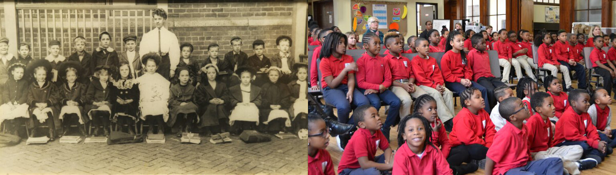 On the left hand side is a black and white photo of one of the first classes at St. Andrew's. On the right is a color photo of a more recent photo of St. Andrew's students.