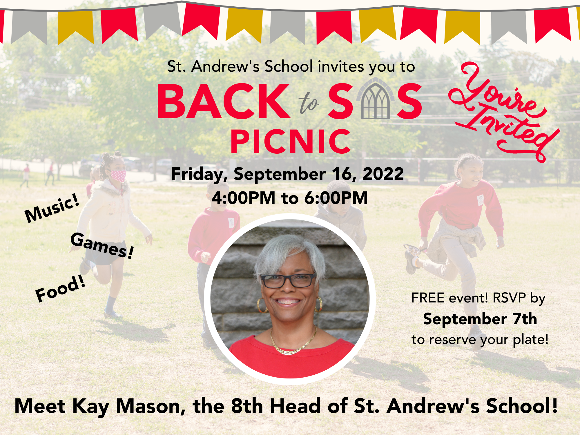 A graphic for our Back to School Picnic, taking place on Friday, September 16th from 4 to 6PM.